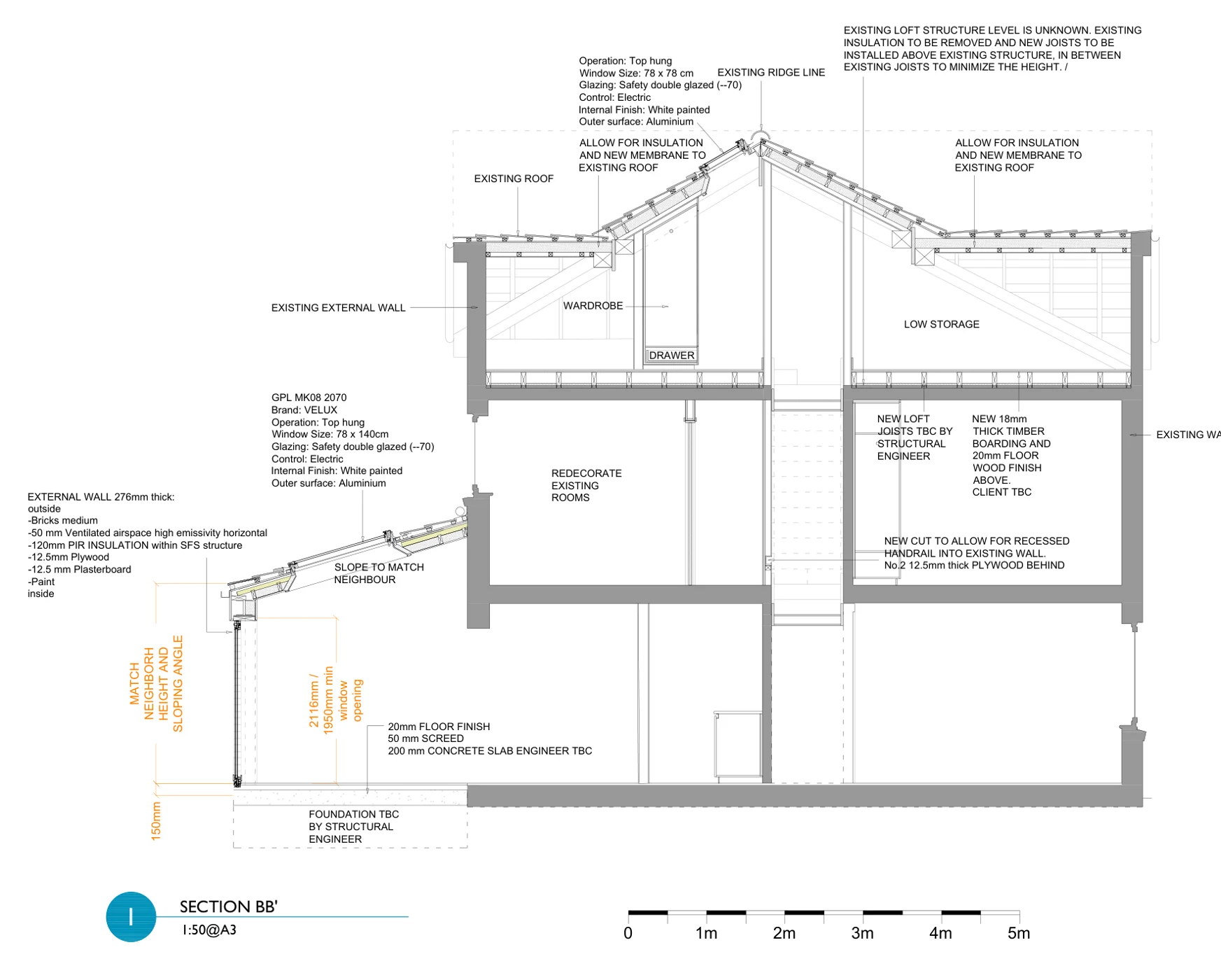 Construction section showing the roof, floors and extension at 15 Giralda Close