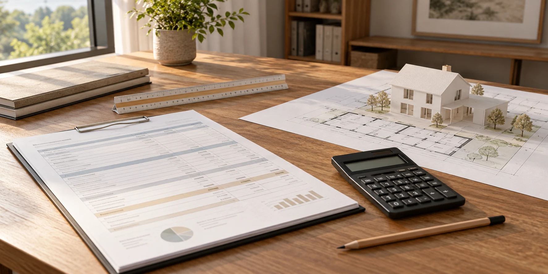 Architectural model, drawings and calculator on a desk for project budget planning