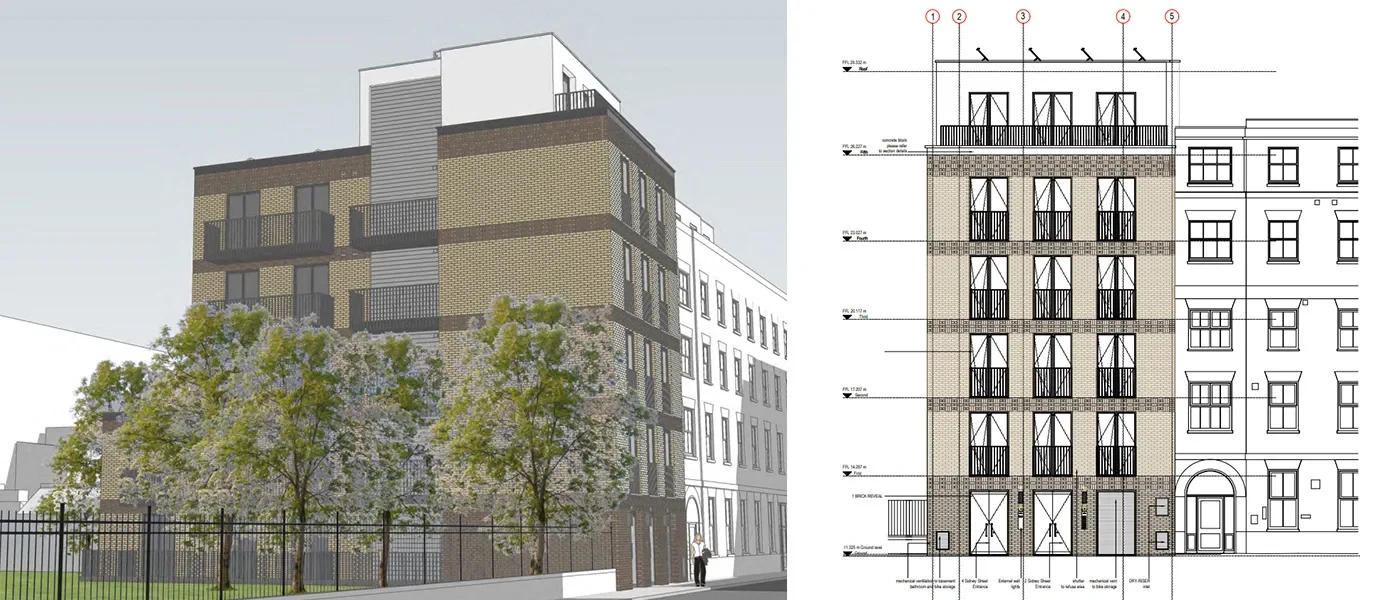 Architectural visualisation and elevation of 2–4 Sidney Street, London